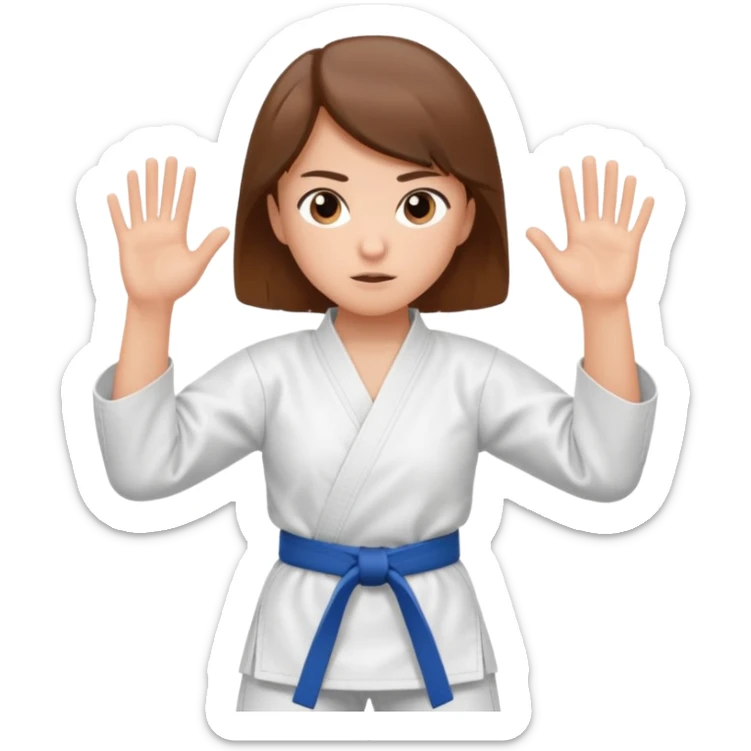 Ragazza castana che pratica karate, ha la cintura nera ed io tradizionale kimono bianco del karate, in posizione di guardia sticker