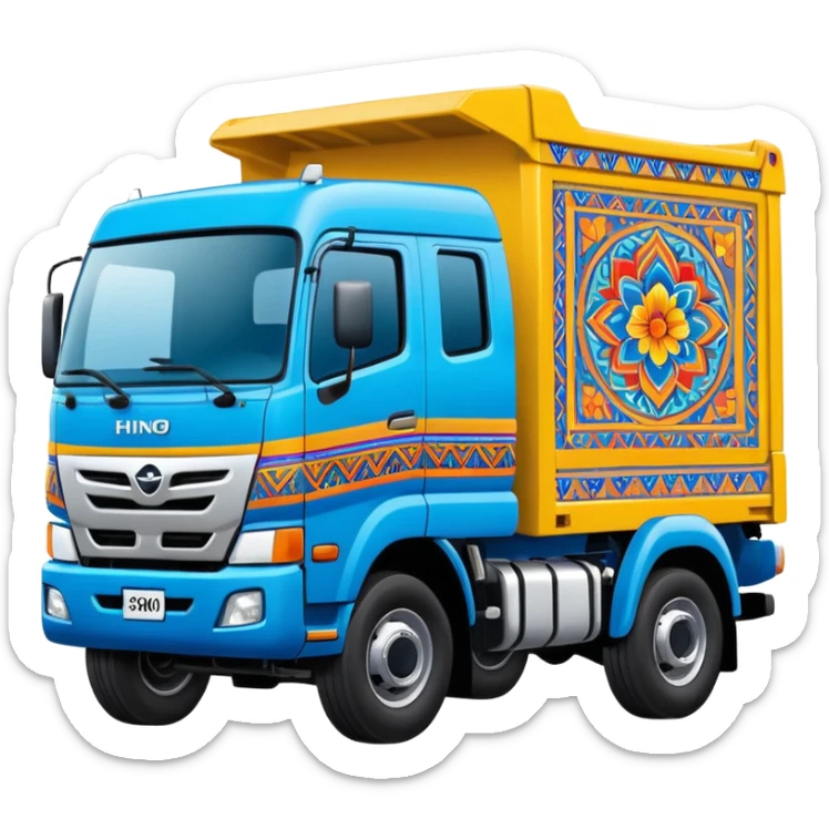 Emoji style illustration of a Hino 500 truck, colorful Peruvian decorative truck art, bright blue body, Andean patterns and vibrant painted details, bold outlines, flat vector style, clean shading, sticker design, centered, white or transparent background, high detail, cartoon style sticker