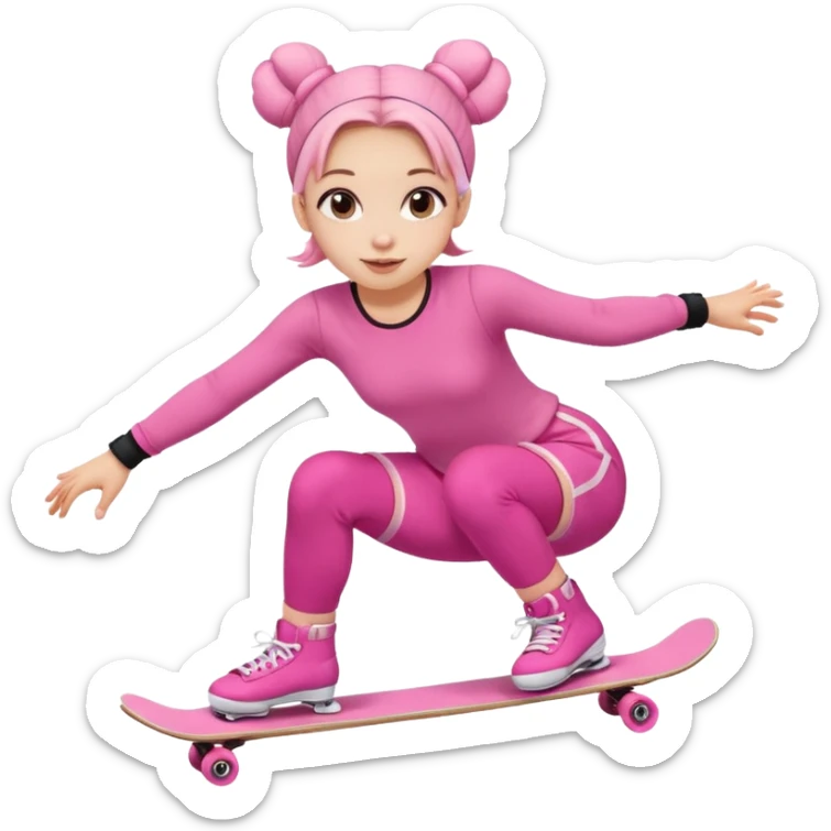 Cute skater girl with two buns and pink outfit, gliding with playful energy. sticker