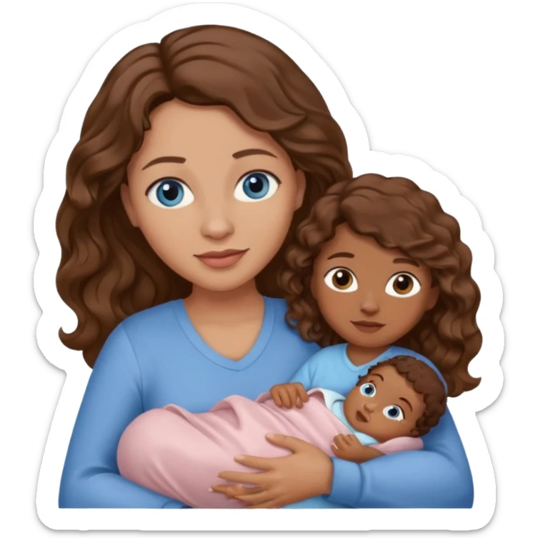 Mom with blue eyes and wavy hair carrying brown skinned newborn sticker
