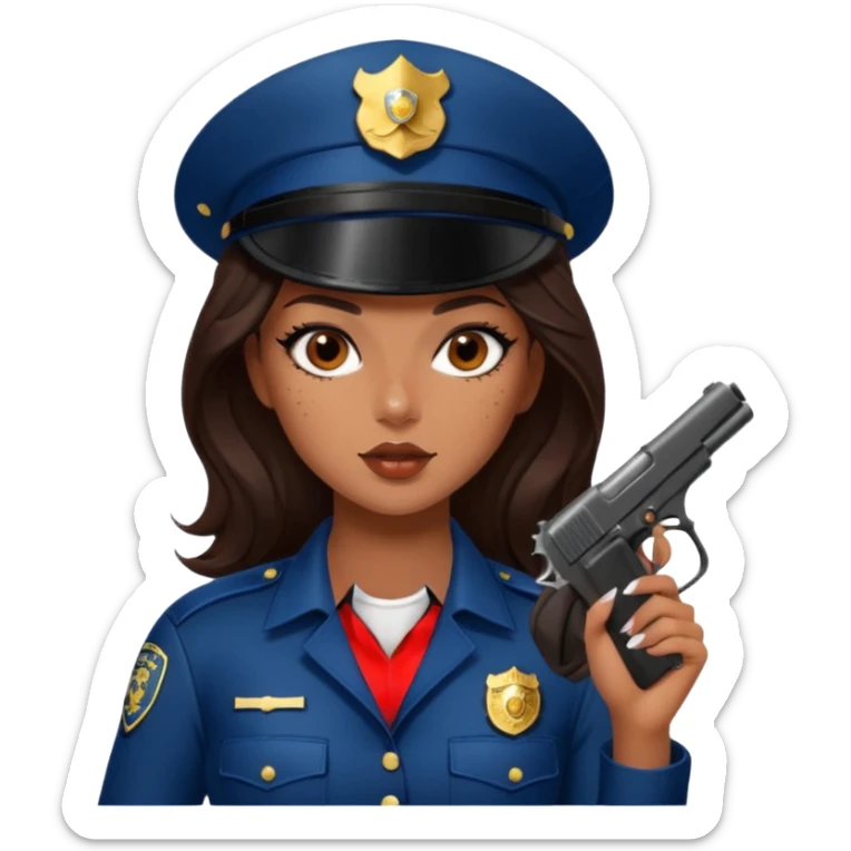 A sexy girl. with caramel skin. Dark brown hair and brown eyes. She has freckles. Wearing sexy makeup. Dressed as a sexy cop. wearing lingerie. Wearing heels on her feet. Holding a gun sticker