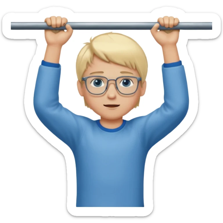 Wygeneruj mi emotke chłopaka o włosach blond z niebieskimi oczami w okularach, który podciąga się na drążku sticker