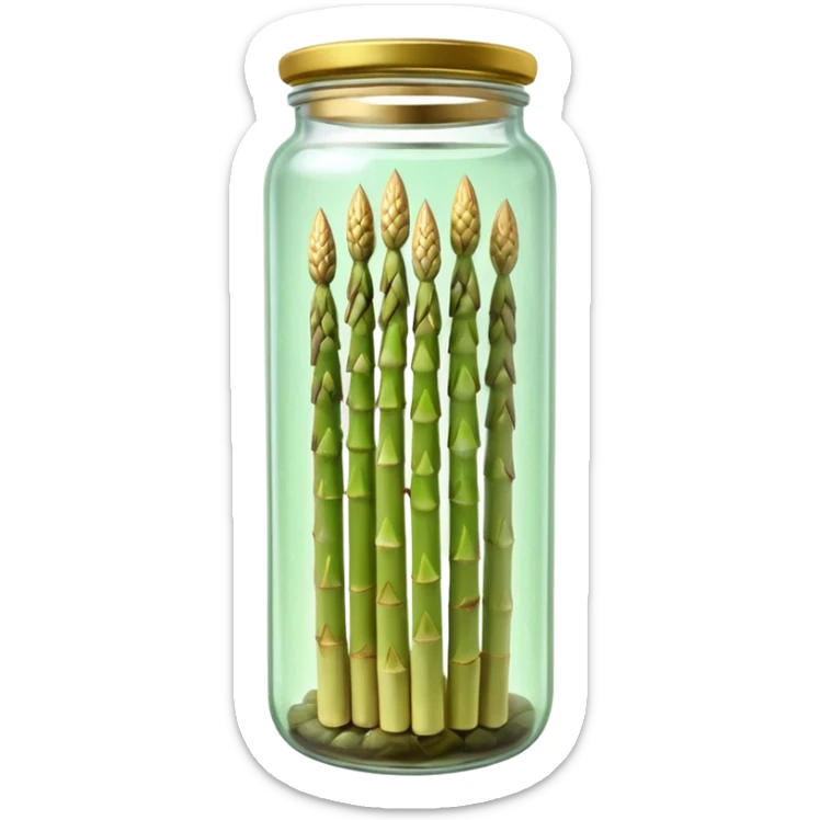 tall clear glass jar filled with upright pale white or green asparagus spears submerged in brine, sealed metallic lid gold or green, slim smooth spears neatly arranged tips upward, no label plate or extras, soft lighting, subtle shadows, transparent background, emoji scale sticker