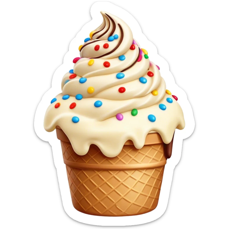 Cinematic scoop of rich, creamy ice cream, slightly melting, smooth swirls of chocolate and vanilla, colorful sprinkles on top, warm glowing background, playful and inviting. sticker