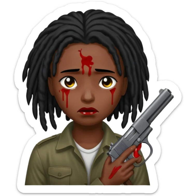 locs going in front of eyes with black hair holding gun very darkskin crying blood sticker
