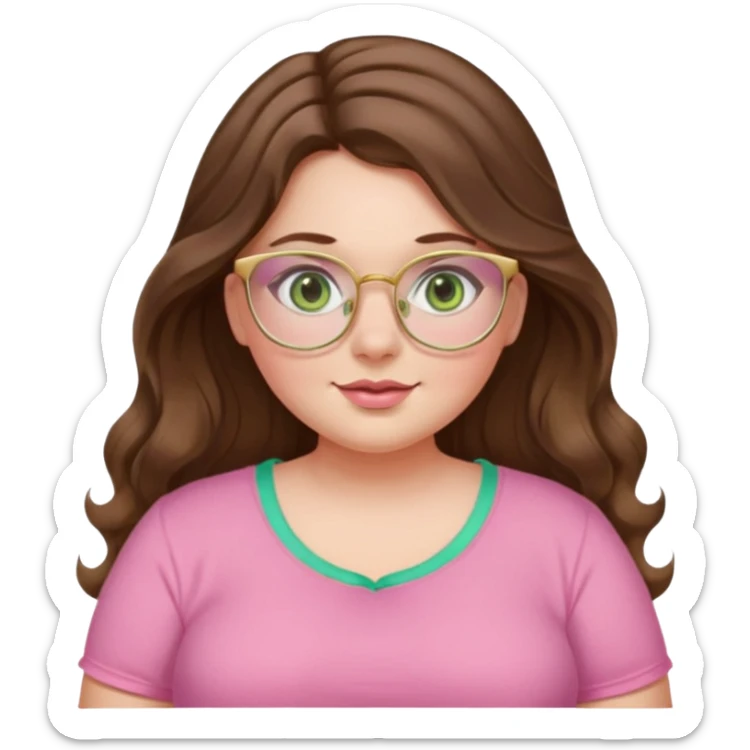 Girl girl long wavy brown hair with middle part, pale green eyes, plus size, pink girly top, gold rimmed glasses sticker
