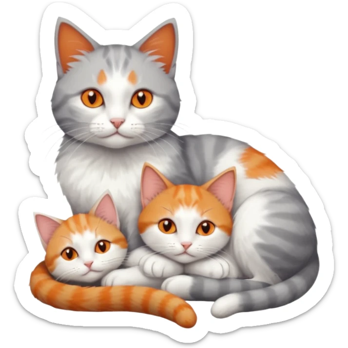 full body of a grey and white cat cuddling a very small + skinny ginger and white kitten with deep orange eyes and triangular shaped face lying down sticker