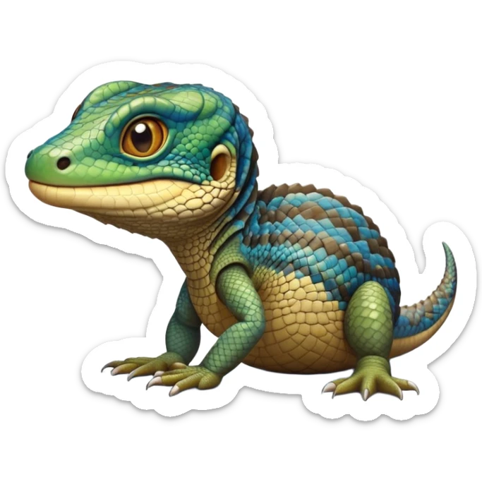 cinematic-realistic-cute-monitor-lizard-portrait-emoji,-head-tilted-playfully-and-inquisitively,-featuring-a-compact,-agile-body-with-finely-detailed,-glossy-scales-in-earthy-olive-hues-and-a-distinct,-alert-face-with-bright,-curious-eyes, blue , brown spotted and green multi coloured  scales sticker