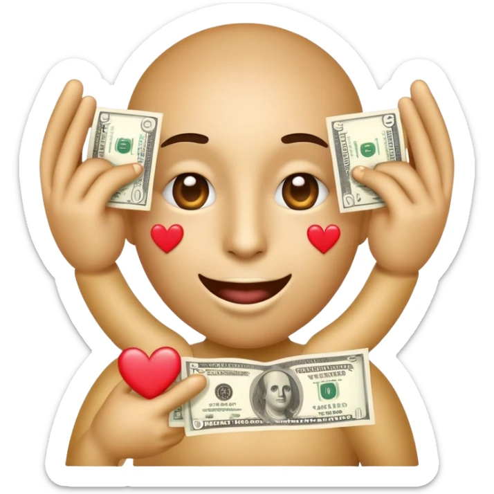 emoticono con corazones en los ojos, dolares en la mano y sin dientes incisivos inferiores sticker