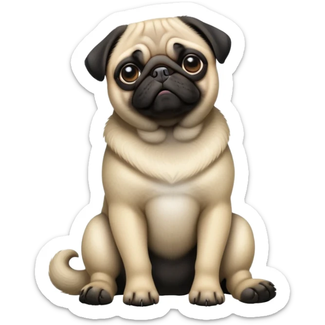 cinematic-[pug]-realistic-full-body-sitting-emoji,-tail-resting-loosely-beside-its-paws,-head-tilted-dramatically, -sleek-[black]-fur,-simplified-yet-realistic-focused-features,-highly-detailed,-glowing-with-an-almost-sarcastic-glow sticker
