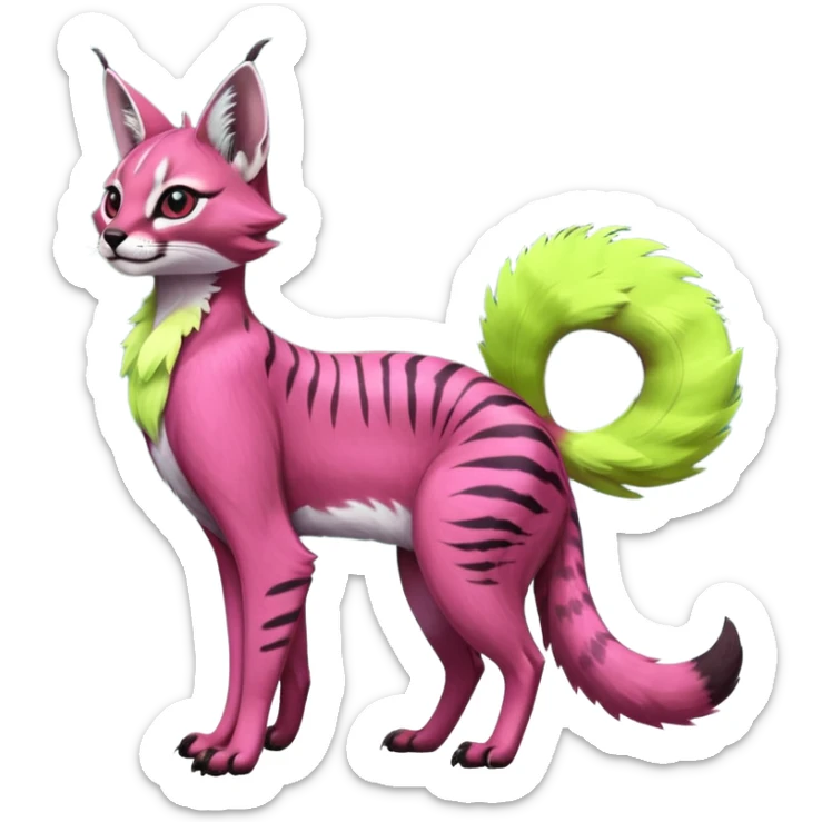 Colorful dark pink lime-green tropical exotic cute cool beautiful shiny beautiful fantasy-caracal-civet-genet-sergal-vernid-serval-Gryphon-Cacomistle-Trico-oncilla-animal-Fakémon-hybrid-fursona (full body) sticker
