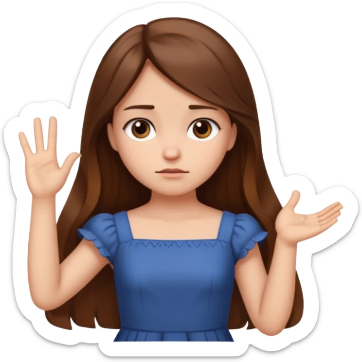 fake costumer loyalty, girl that doesn't care, she is like whatever, brown long hair, cute dress and her hand showing like i dont care whatever, make her look little bit bored sticker