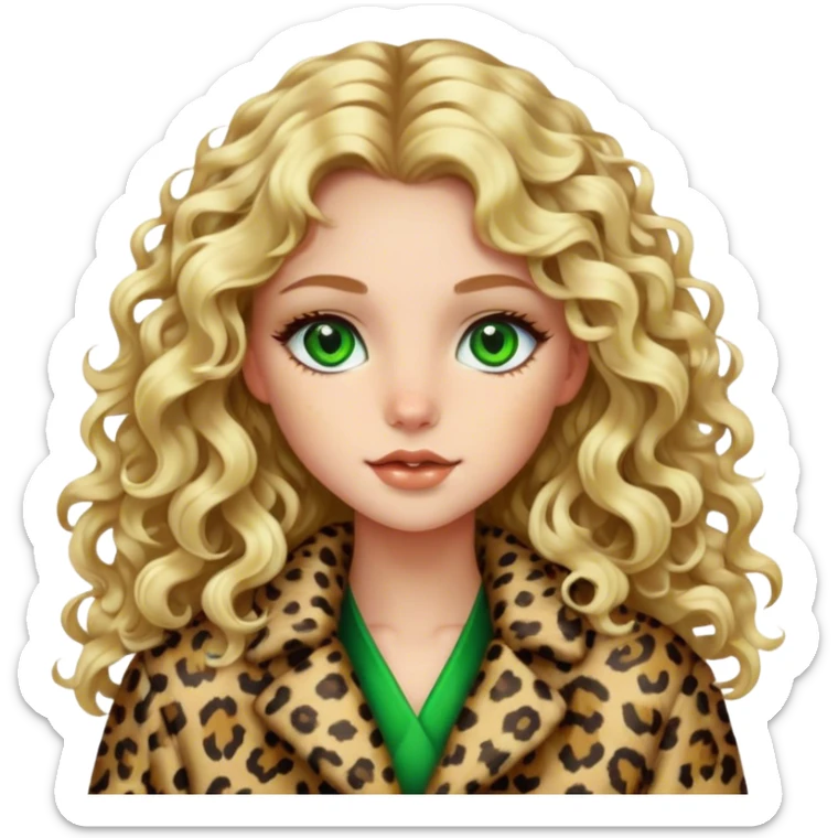 Blonde girl with long curly hair and green eyes in leopard print coat  sticker