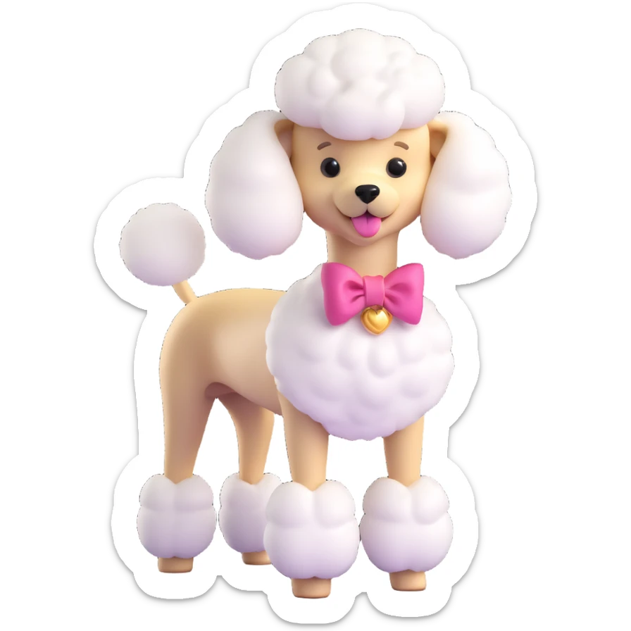 a posh poodle with a fancy haircut, standing with a proud posture and a little bow sticker