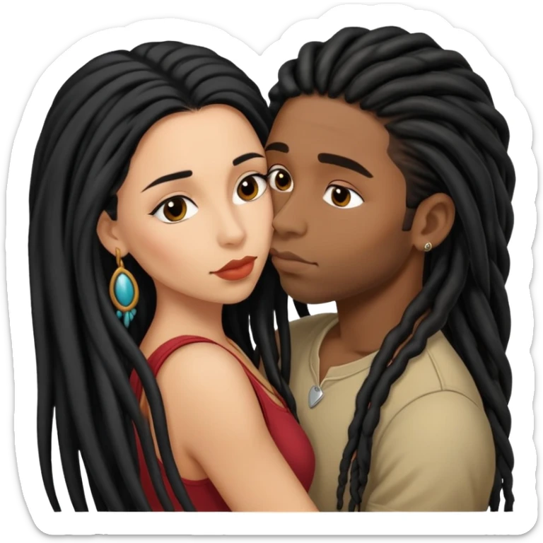 Latina Woman with long hair kissing a young black guy with dreads no beard sticker