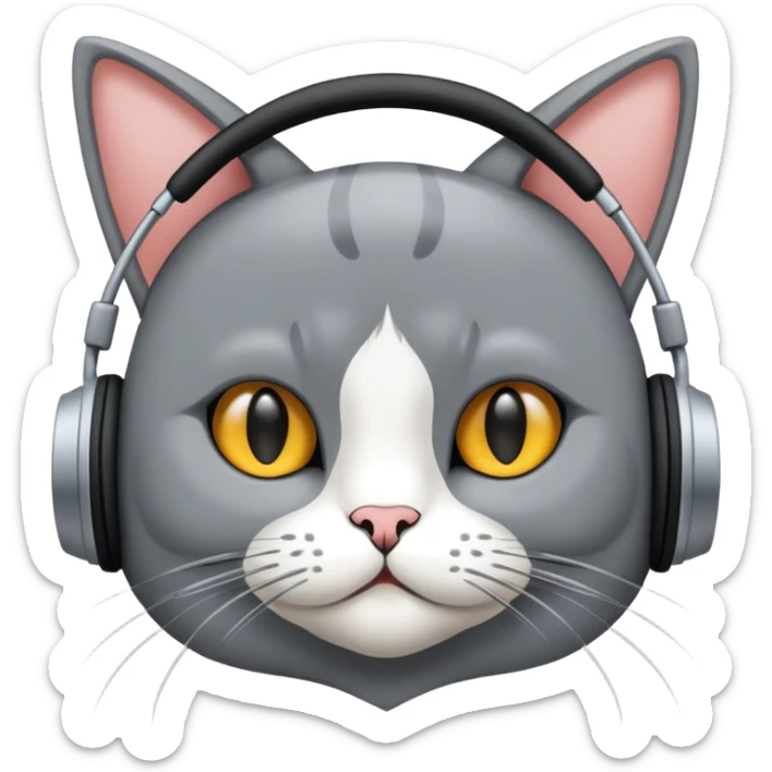 Gato persa gris con audífonos y detrás de él un cartel con el nombre PRIMERA 88.3FM sticker
