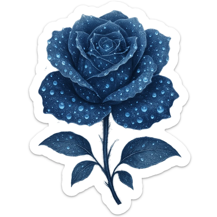 Add glowing dewdrops on the petals of the midnight rose in deep blue, adorned with subtle silver accents and a soft, ethereal glow. Keep the background transparent. The style should reflect a delicate and ethereal look with emphasis on the glowing effect and silver accents. sticker