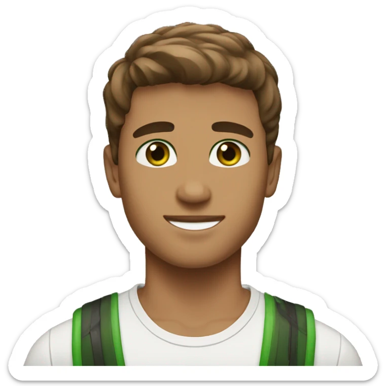 green eyes. handsome. young man. brown skin. brown hair. straight hair. short hair. white race. sticker