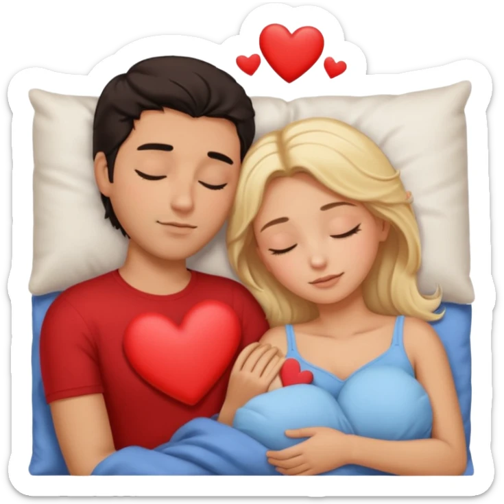 Sleeping romance couple. man has dark hair. woman is blonde. hearts around them. no third person. sticker