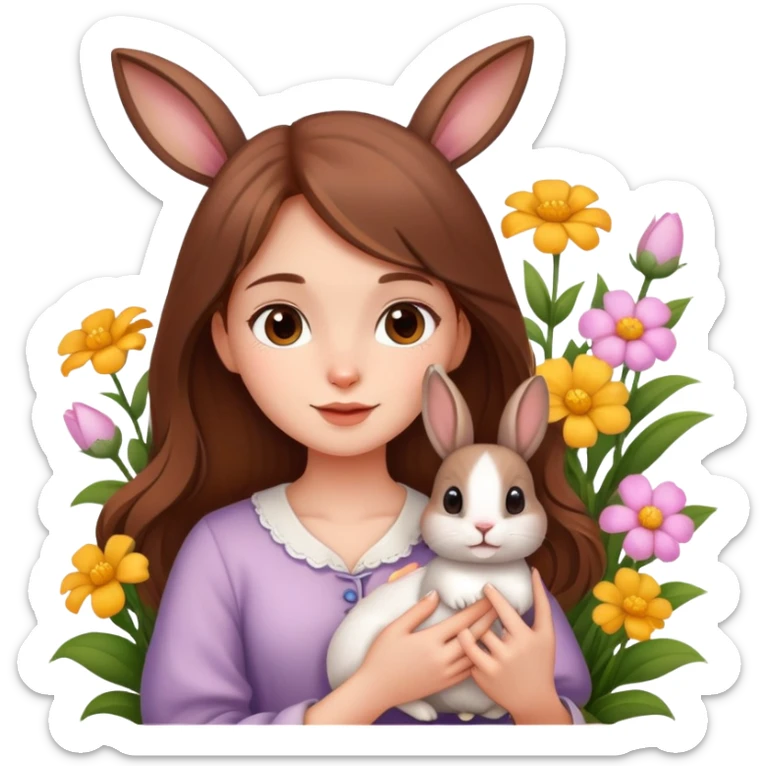 A beautiful brown-haired girl holding a little rabbit in the flowers sticker