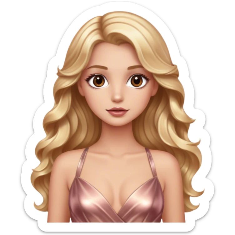 blonde model, brown eyes, long wavy hair, metallic rose gold gown sticker