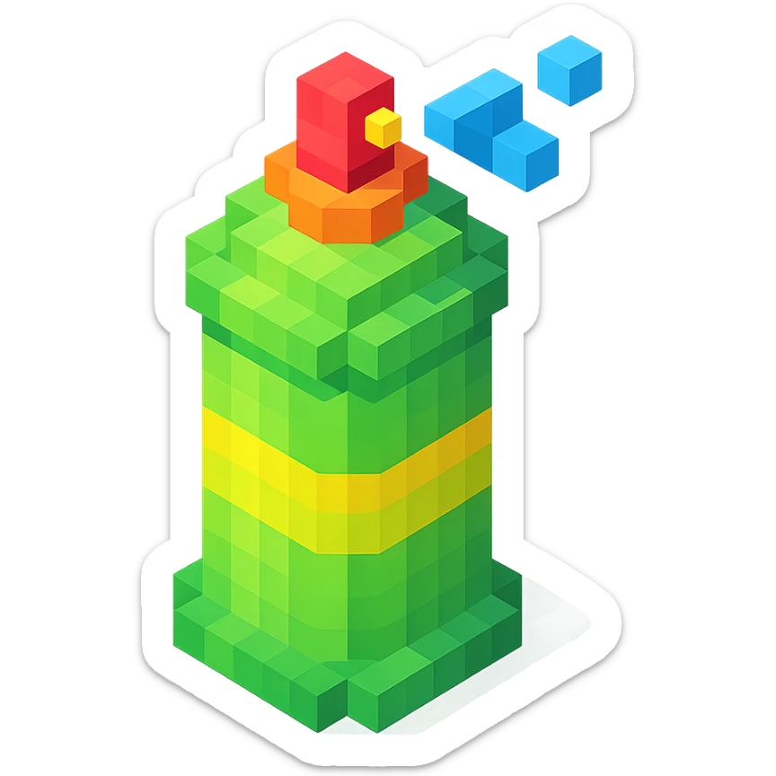 voxel style isometric spray paint can, green color sticker