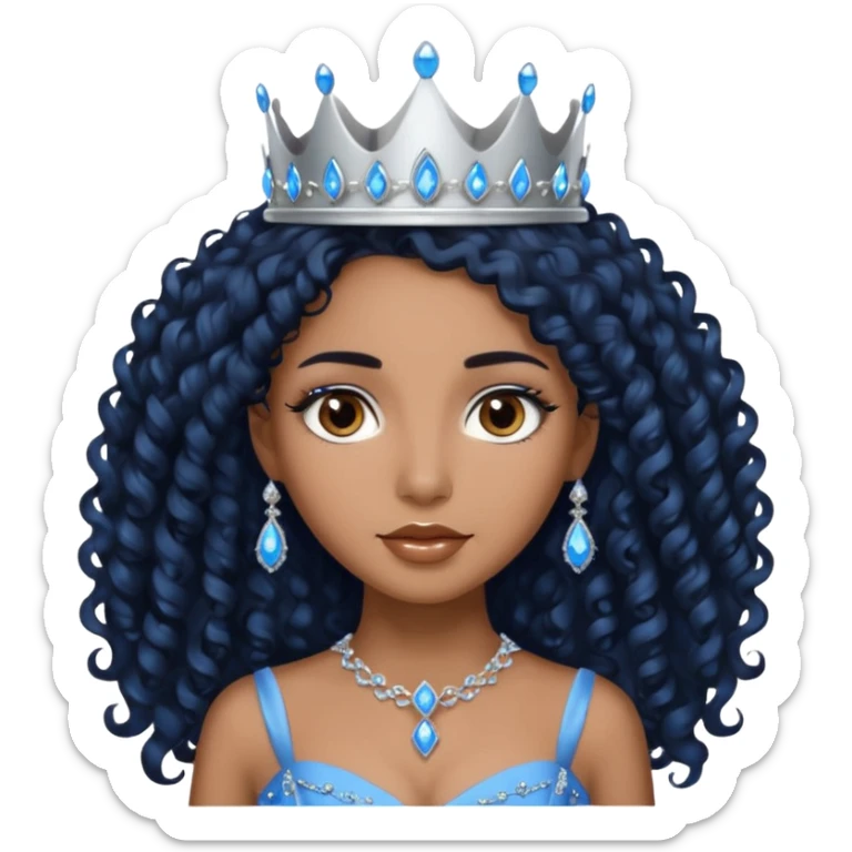 Por favor hazme el emoji de la princesa pero morena con el pelo negro y rizado y largo, los ojos marrones y la corona plateada con jollas azules sticker