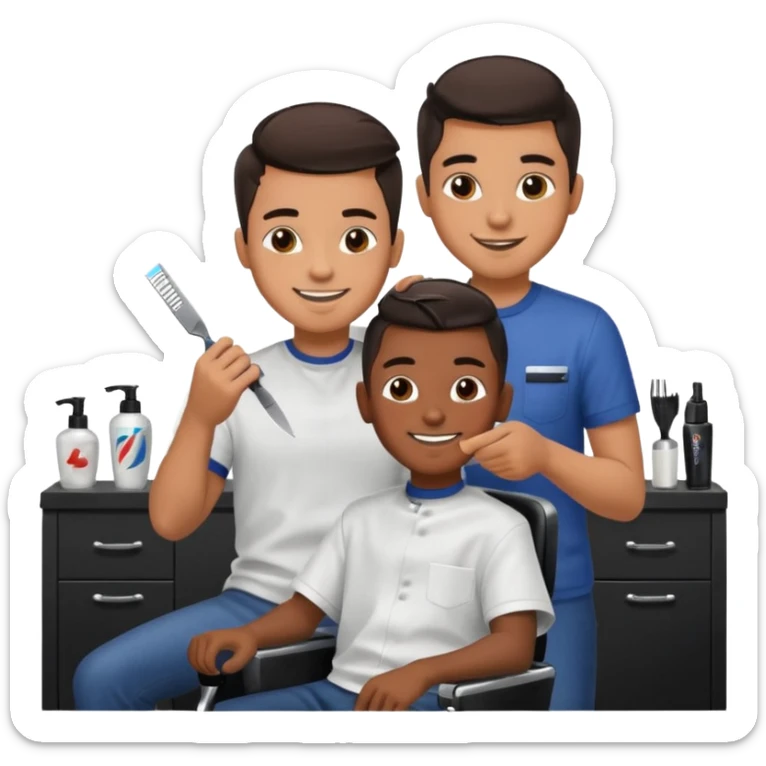 Barber cutting teenage boys hair. Show the boy sat in black barber chair and both having smiles on their faces. Both have dark hair sticker
