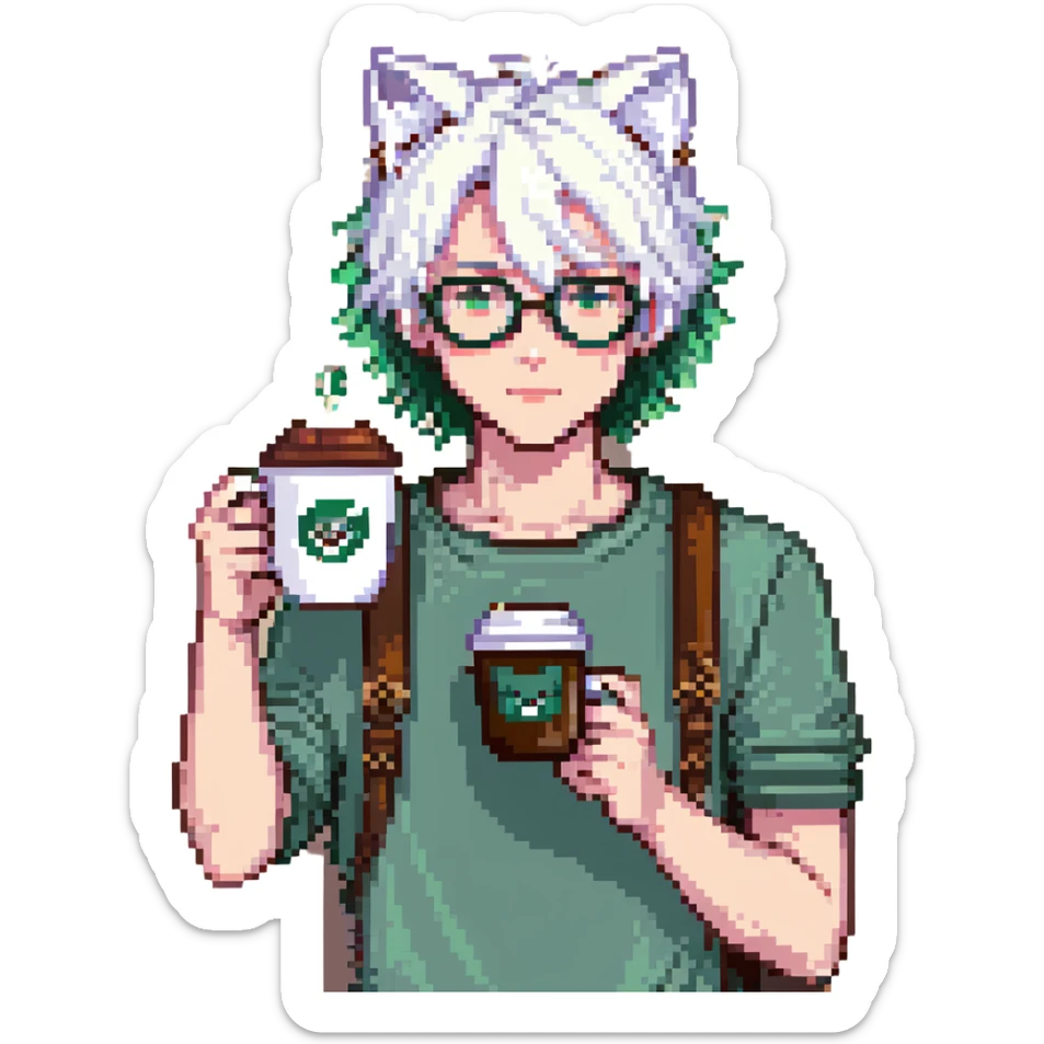 An anime guy with white hair, white cat ears, green eyes, and glasses, holding a coffee cup in his hand and waving sticker