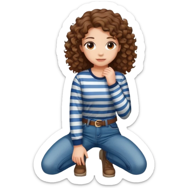 girl with curly hair in jeans and striped shirt kneeling on the ground seen from behind sticker