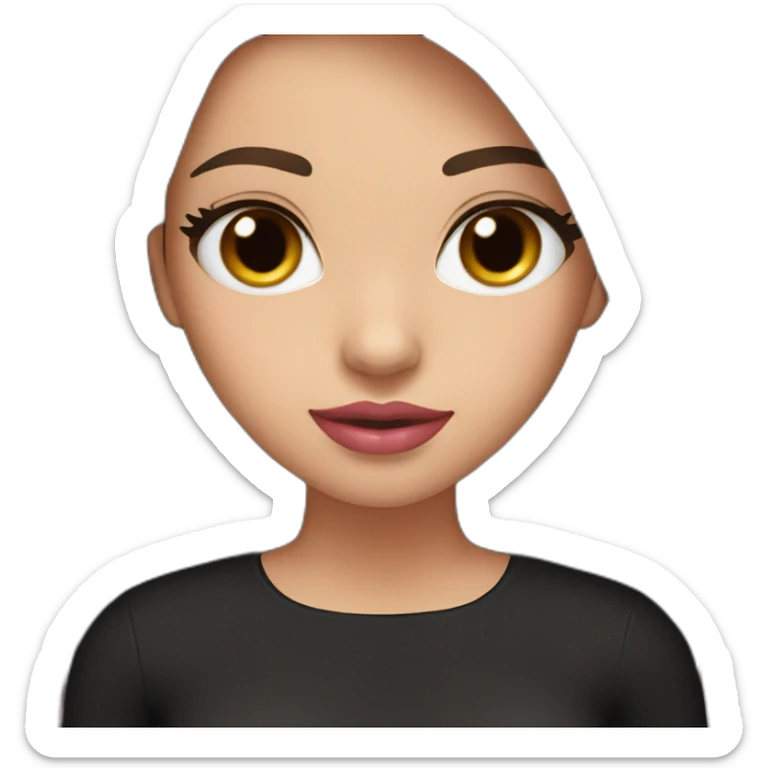 A girl with brown eyes, long straight brown hair, plump pink lips in a black dress sticker