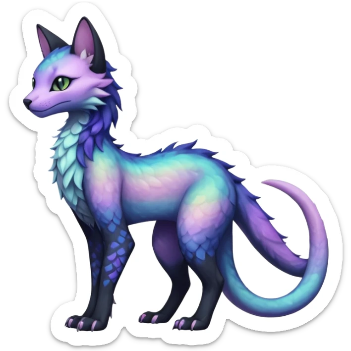 Kawaii black pastel iridescent beautiful pretty elegant divine edgy fantasy feline-vernid-sergal-fursona animal creature with a tufted tail full body with intricate markings  sticker