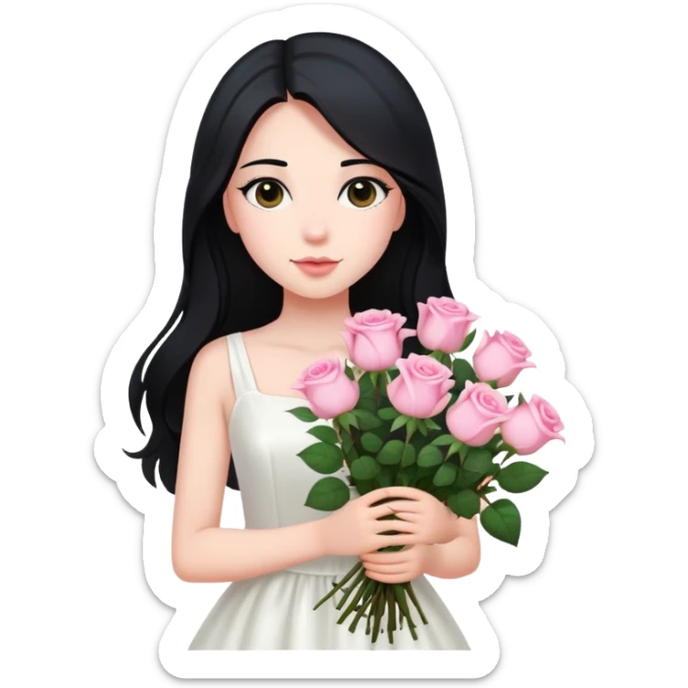 A beautiful girl with long black hair and a white dress is holding a bouquet of pink roses sticker