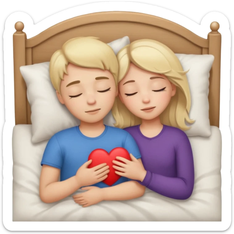 cuddling in bed, asleep. blonde girl. brunette boy. eyes closed. heart between them. sticker