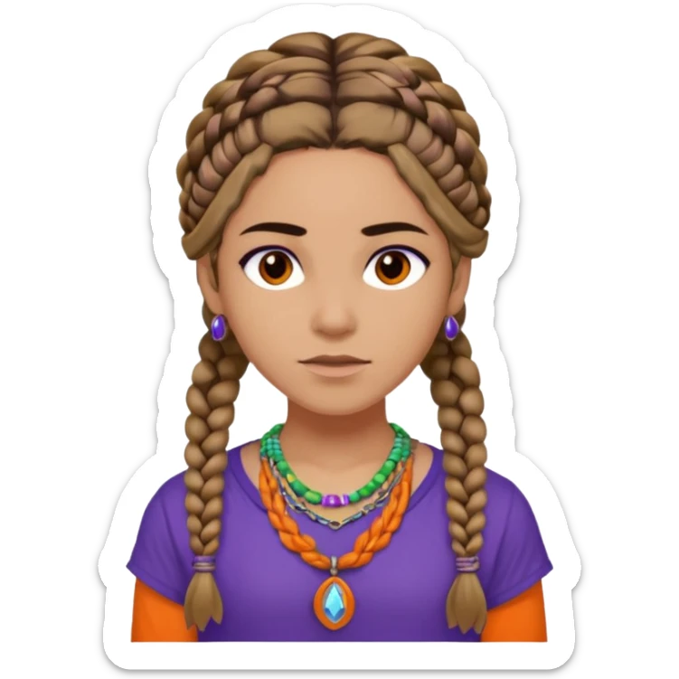 Black Annabeth Chase her head full of braids all over brow hair and a orange shirt that says CHB and with a purple orange green and blue and white beaded necklace only one necklace no earrings sticker