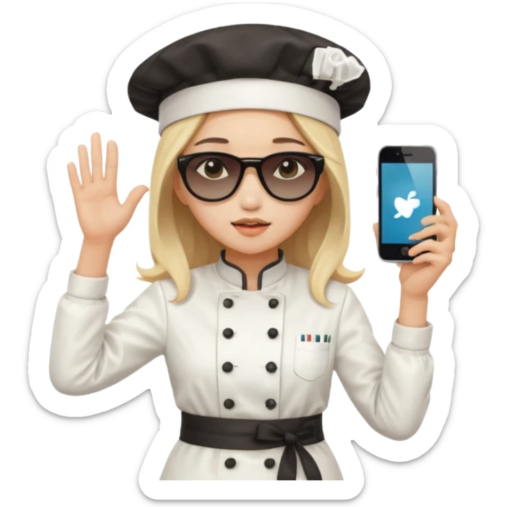 ["A sad woman with light skin, straight hair, wearing a chef hat and sunglasses, dressed in K-pop fashion, is dancing while holding a phone."] sticker