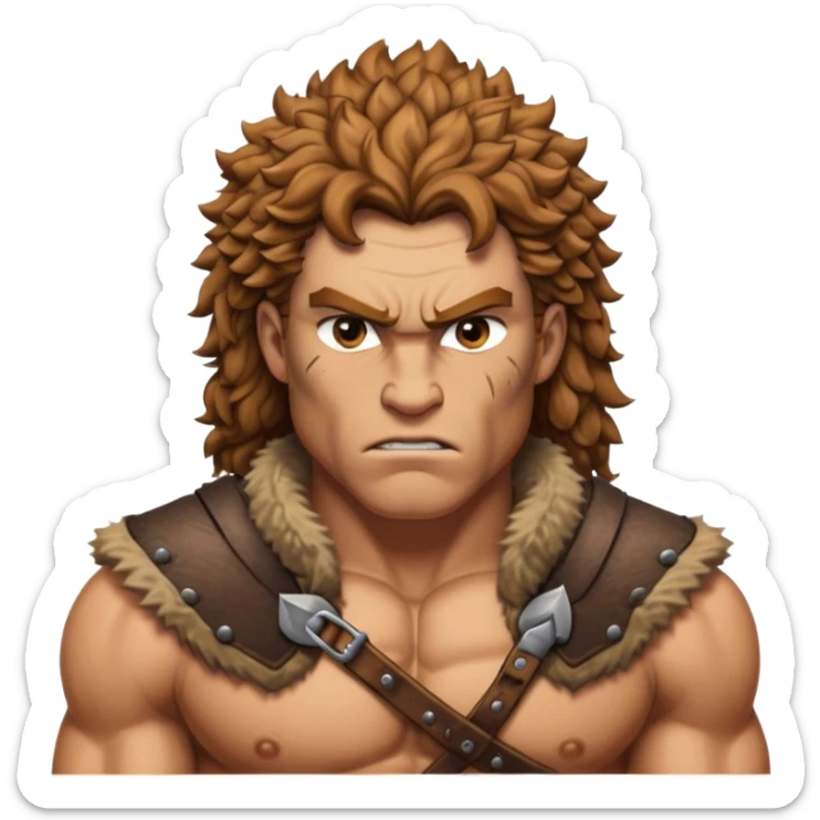 Cinematic Realistic Barbarian Hercules Portrait emoji, depicted as a fierce Greek hero with the chiseled features of Michelangelo's David. His light tan, sculpted skin glows with timeless strength, and his thick, curly, golden brown hair cascades in wild, untamed curls reminiscent of a warrior’s mane. Instead of a flowing white robe with golden accents and a laurel wreath, he wears rugged, weathered leather and fur garments—a tattered, fur-trimmed cloak draped over broad shoulders and a simple circlet forged from iron and bone. His intense, determined eyes exude savage nobility, all rendered under dynamic natural lighting with a mythic, raw, radiant glow. sticker