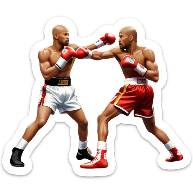 An iconic boxing match between Roy Jones Jr. and Bernard Hopkins in the ring. Jones is delivering a powerful right hook, while Hopkins counters with a defensive block. The background shows a packed arena, with bright lights illuminating the intense action. Transparent background  sticker