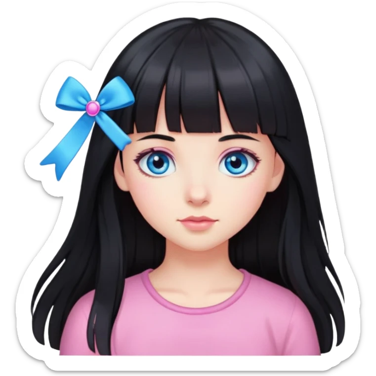 girl with long black hair and bangs blue eyes and hairclips in pink sticker