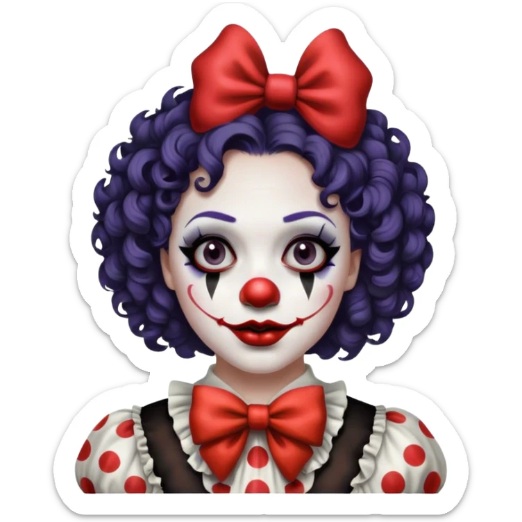 A very dark make-up clown, white woman, curly short hair with a bow in her hair  sticker