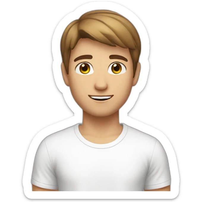 a young man white shorter brown hair and brown eyes wearing a white t-shirt sticker