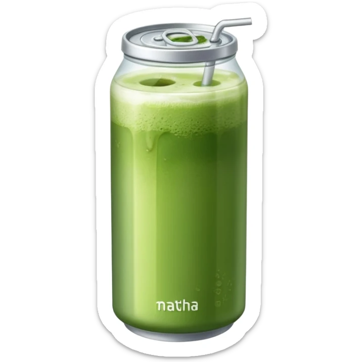 Create an emoji-style illustration of a tall, transparent can-shaped drink filled with iced matcha. The top is sealed with a silver metal pull-tab lid. The drink has a green matcha layer on top that gradually fades into a milky white layer at the bottom. The can is sleek and minimalist. sticker