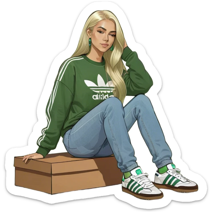 Girl with very long whitish blonde highlighted hair parted down the middle wearing denim jeans and adidas samba og sneakers with a brown sweatshirt sticker