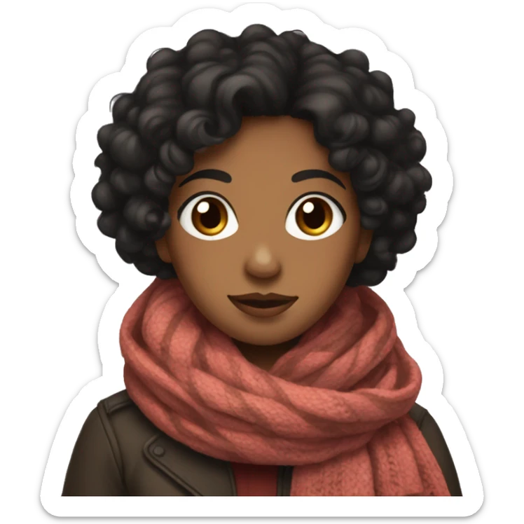 Brown girl with medium length curly black hair wearing big scarf and mittens sticker