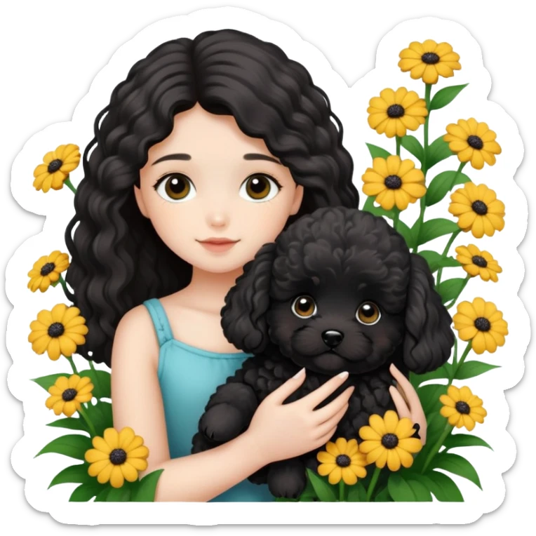 A long-haired girl holding a black maltipoo puppy in the flowers sticker