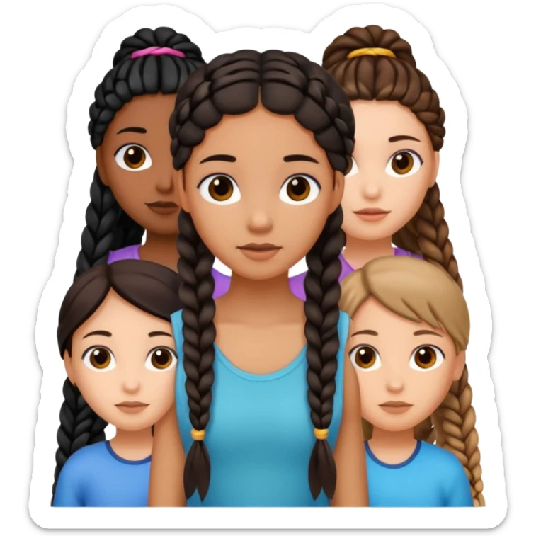 a trio of girls. one girl black with a bunch on long braids. one girl black with 2 long braids. and one tan girl with brunette hair sticker