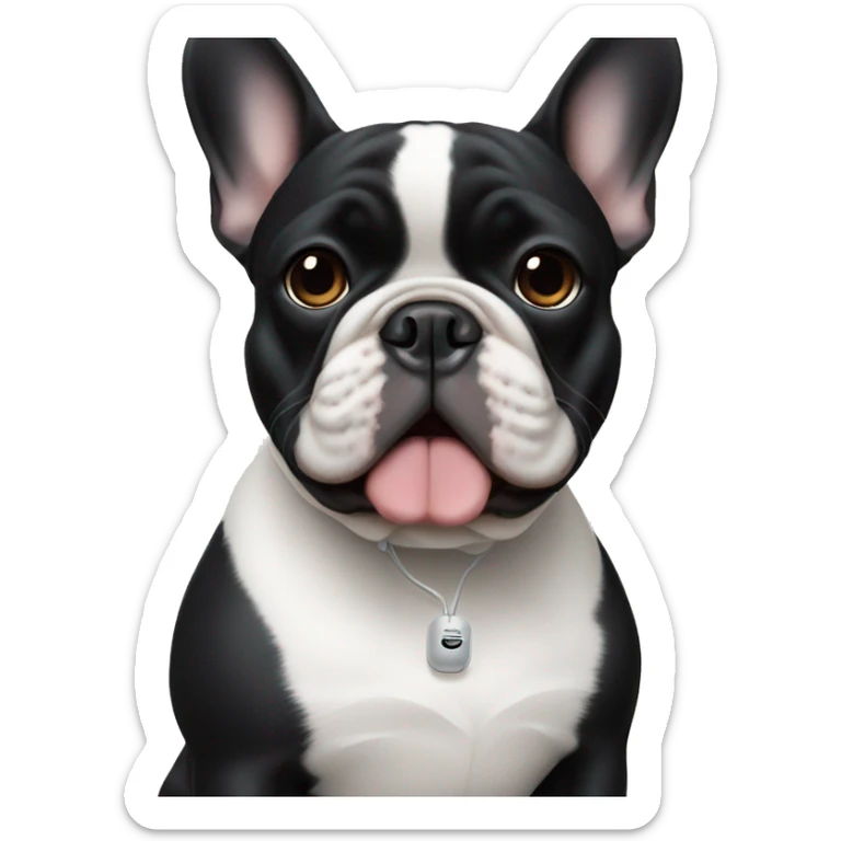 An all black French bulldog wearing air pods sticker