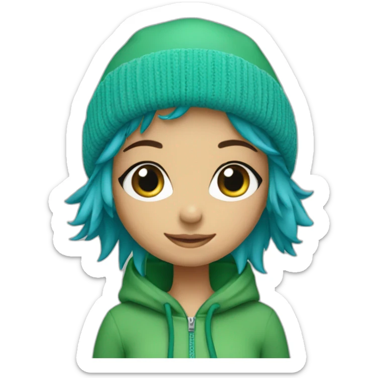 blue haired green eyed girl wearing bobble hat and green zip hoodie sticker