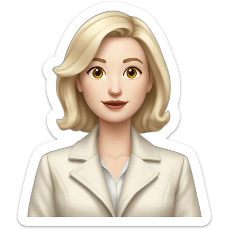 pale skin woman with ash blonde Straightened bob Hair, White Spacious classical jacket, beige palazzo Arrow pants and gray blouse holding a MacBook in the hands sticker