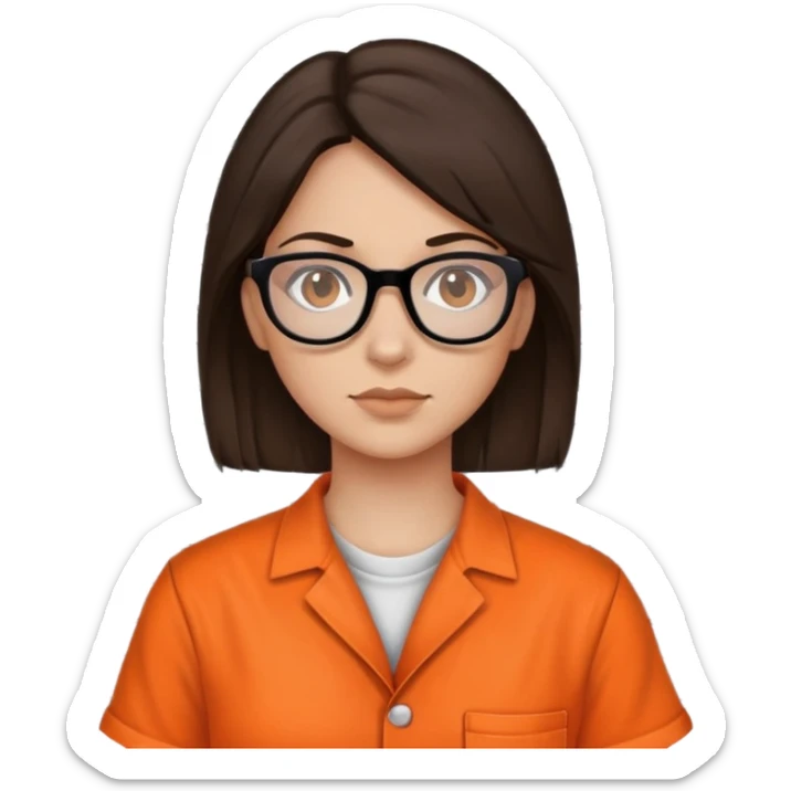 female brunette prisoner with glasses in orange jumpsuit mugshot sticker